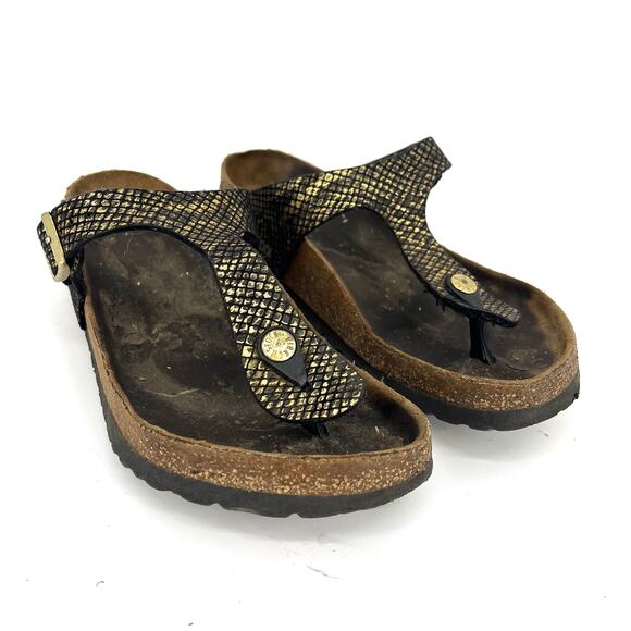 Birkenstock Women's 6.5 / 37 Gizeh Gold Embossed Microfiber Snake Thong Sandals - Picture 3 of 10